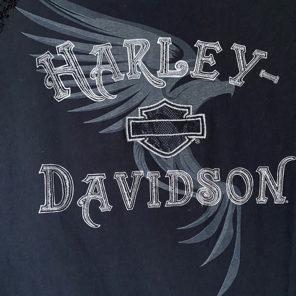 Harley-Davidson Top T-Shirt S Black Graphic Print Lace Sleeves Dark Romantic - Picture 7 of 11